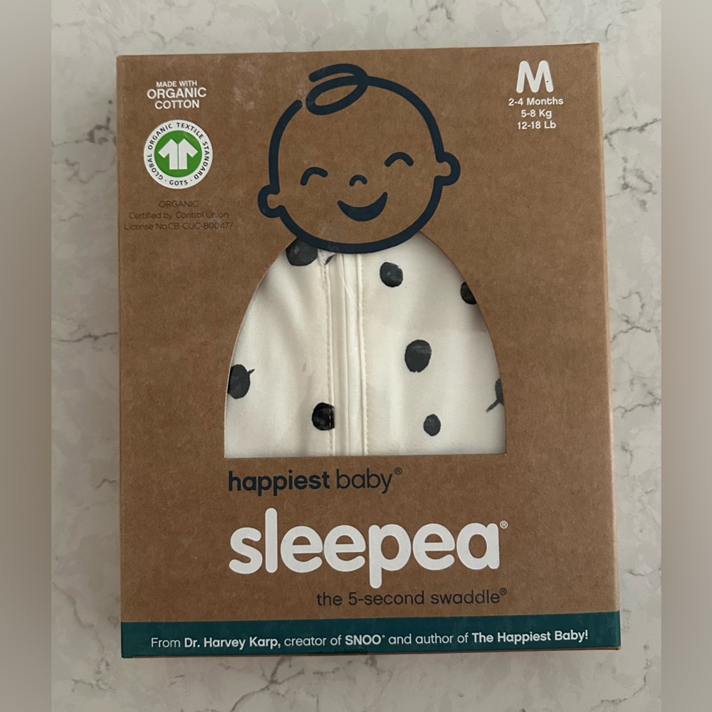 New In Box Happiest Baby Sleepea 5 Second Swaddle - MEDIUM - Ivory Planets